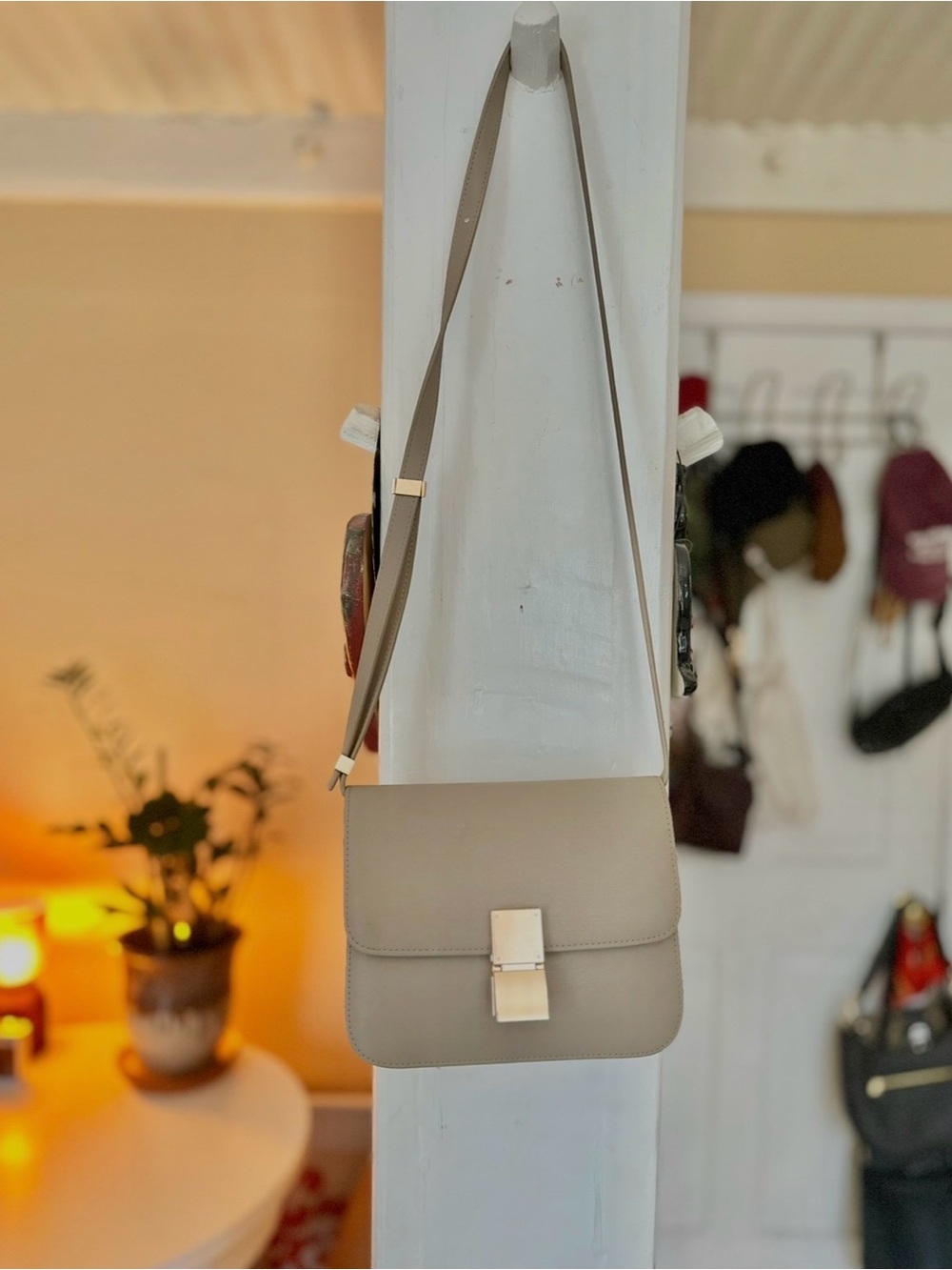Leather Taupe Crossbody Bag with Gold Accents